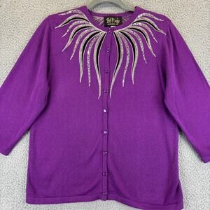 Vtg Bob Mackie Cardigan Medium Purple Artsy Bold Embroidery Embellished Sweater